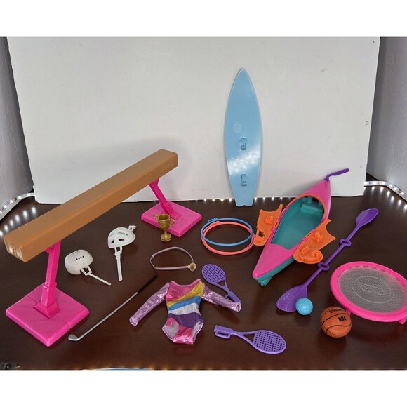 Barbie Sports Accessories Lot Kayak Surfboard Balance Beam Paddle Trophy Mattel - Picture 7 of 15